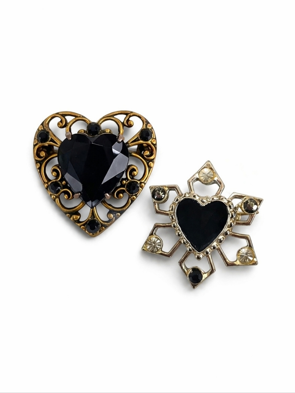 Vintage Black Heart Rhinestone Brooch Pin Set Gothic Gold Tone